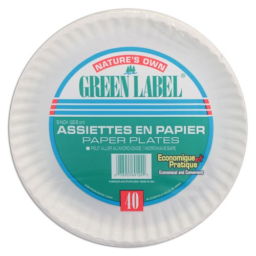 Green Label Paper Plates 9" Uncoated White 40Pk Everyday